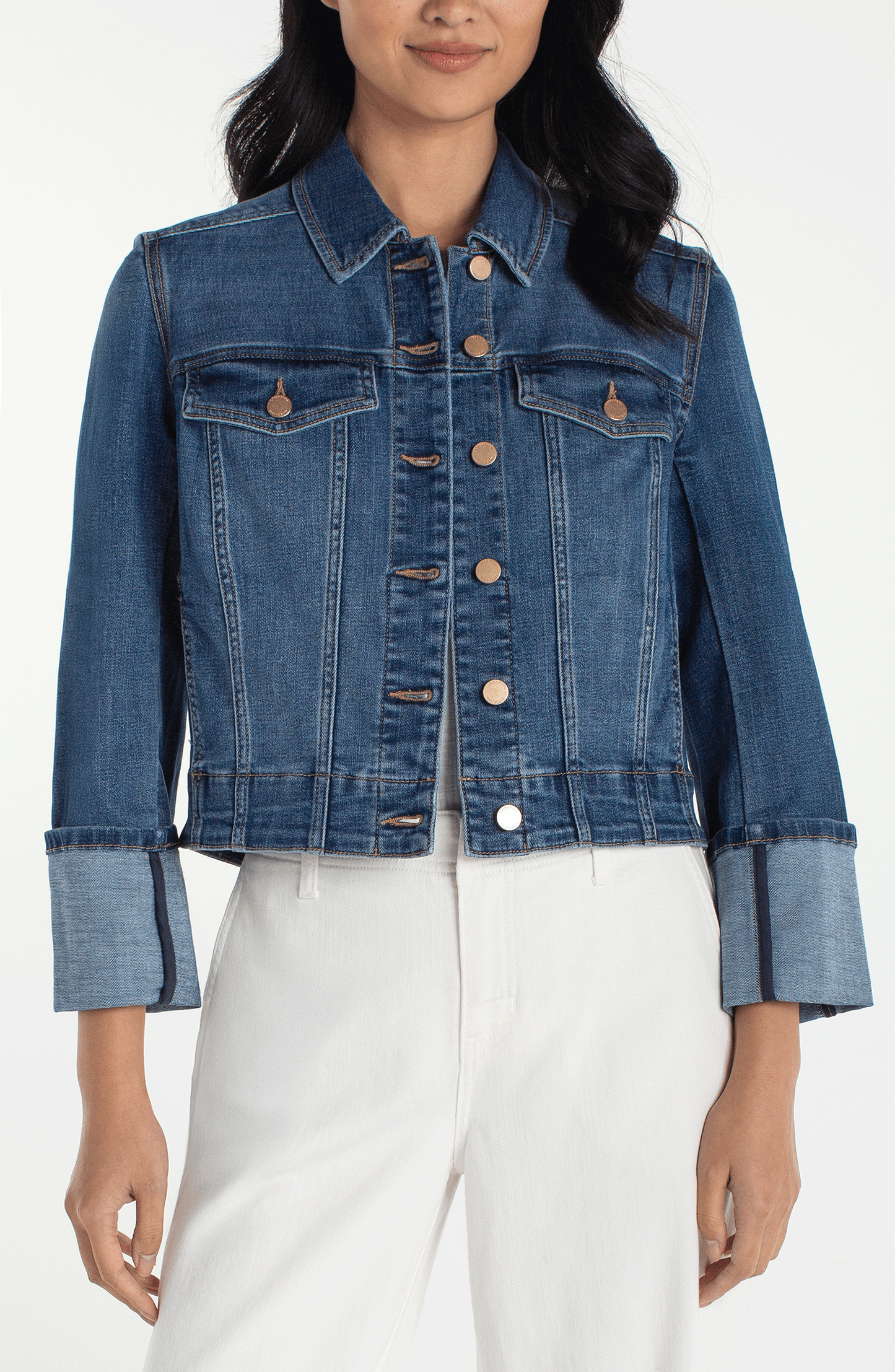 Bracelet Length High Cuff Trucker Jacket in blue denim with copper buttons, LIVERPOOL LOS ANGELES