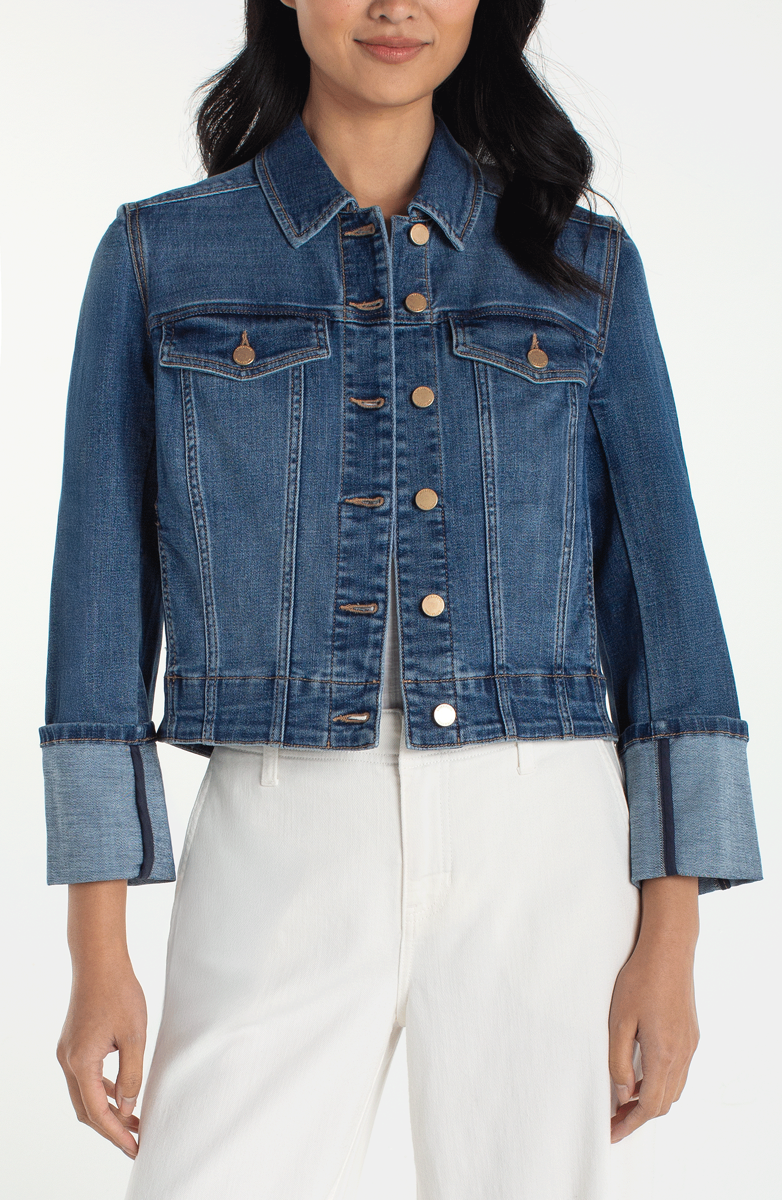 Bracelet Length High Cuff Trucker Jacket in blue denim with copper buttons, LIVERPOOL LOS ANGELES