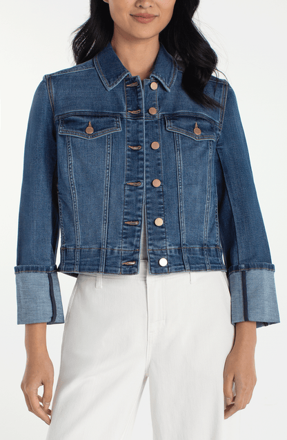 Bracelet Length High Cuff Trucker Jacket in blue denim with copper buttons, LIVERPOOL LOS ANGELES