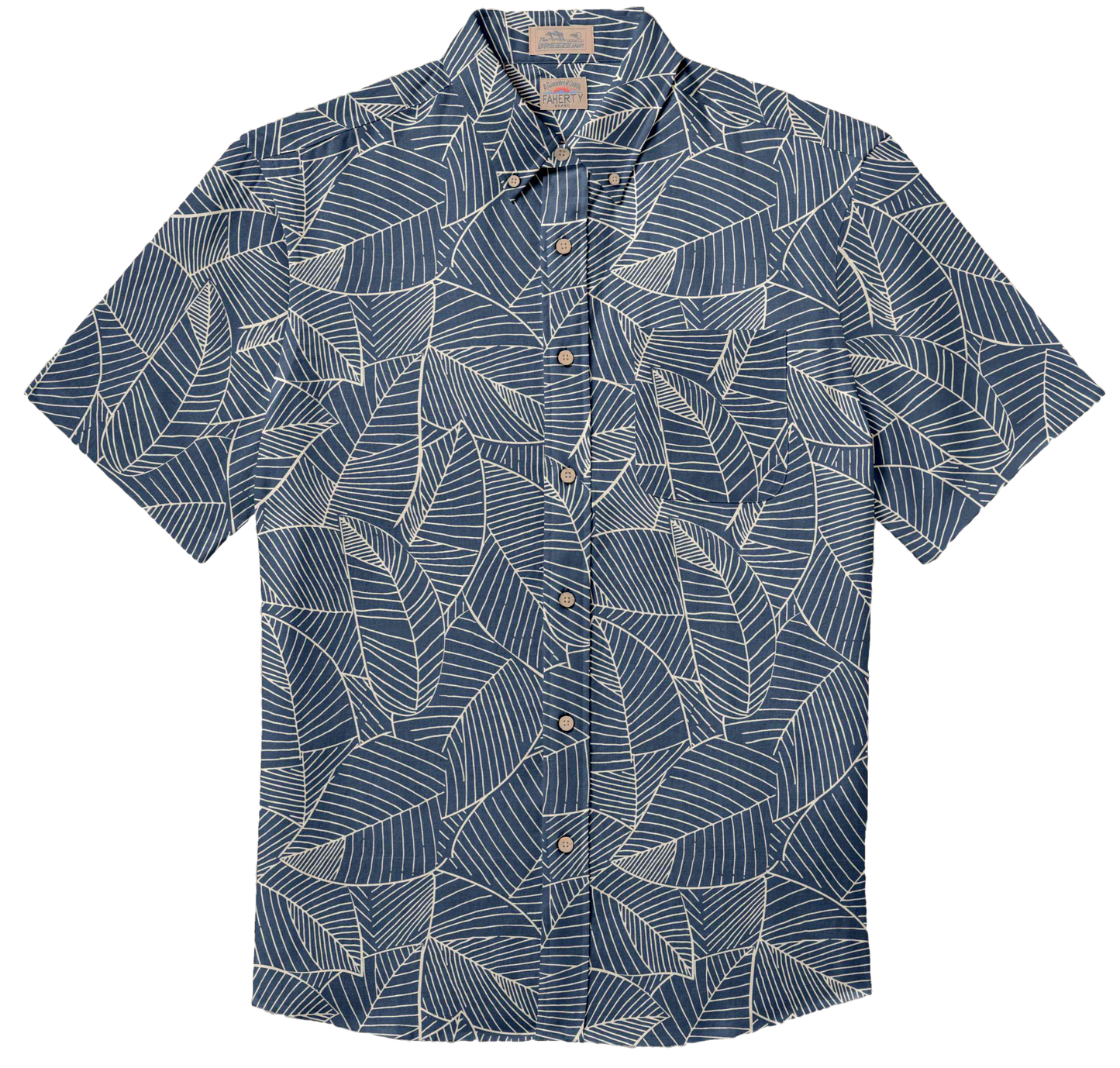 SS Breeze Shirt - Dark Ocean Leaves in blue linen with leaf print, men's short sleeve shirt by FAHERTY at HCO