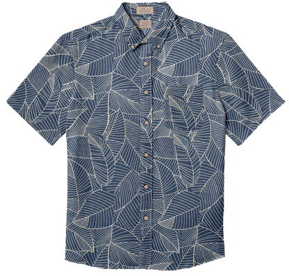 SS Breeze Shirt - Dark Ocean Leaves in blue linen with leaf print, men's short sleeve shirt by FAHERTY at HCO