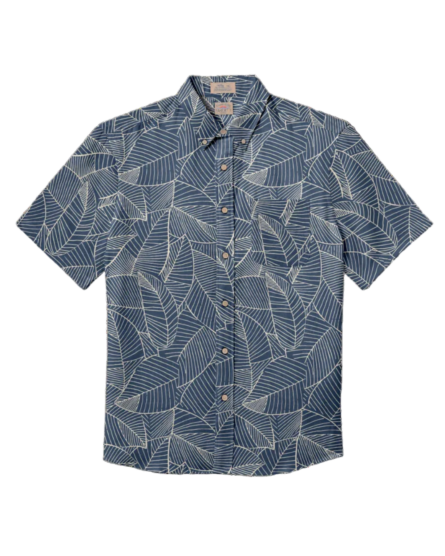 SS Breeze Shirt - Dark Ocean Leaves in blue linen with leaf print, men's short sleeve shirt by FAHERTY at HCO