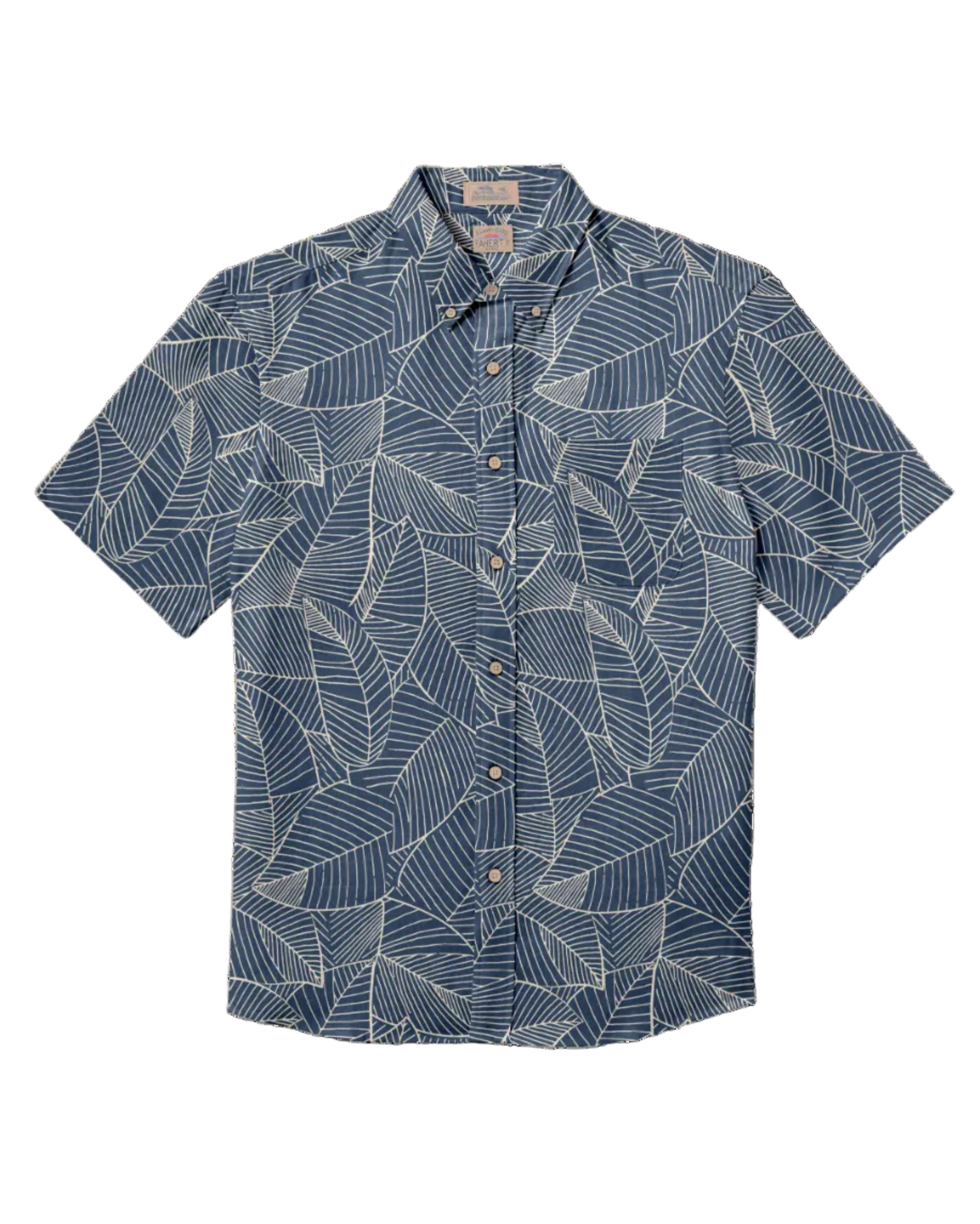 SS Breeze Shirt - Dark Ocean Leaves in blue linen with leaf print, men's short sleeve shirt by FAHERTY at HCO
