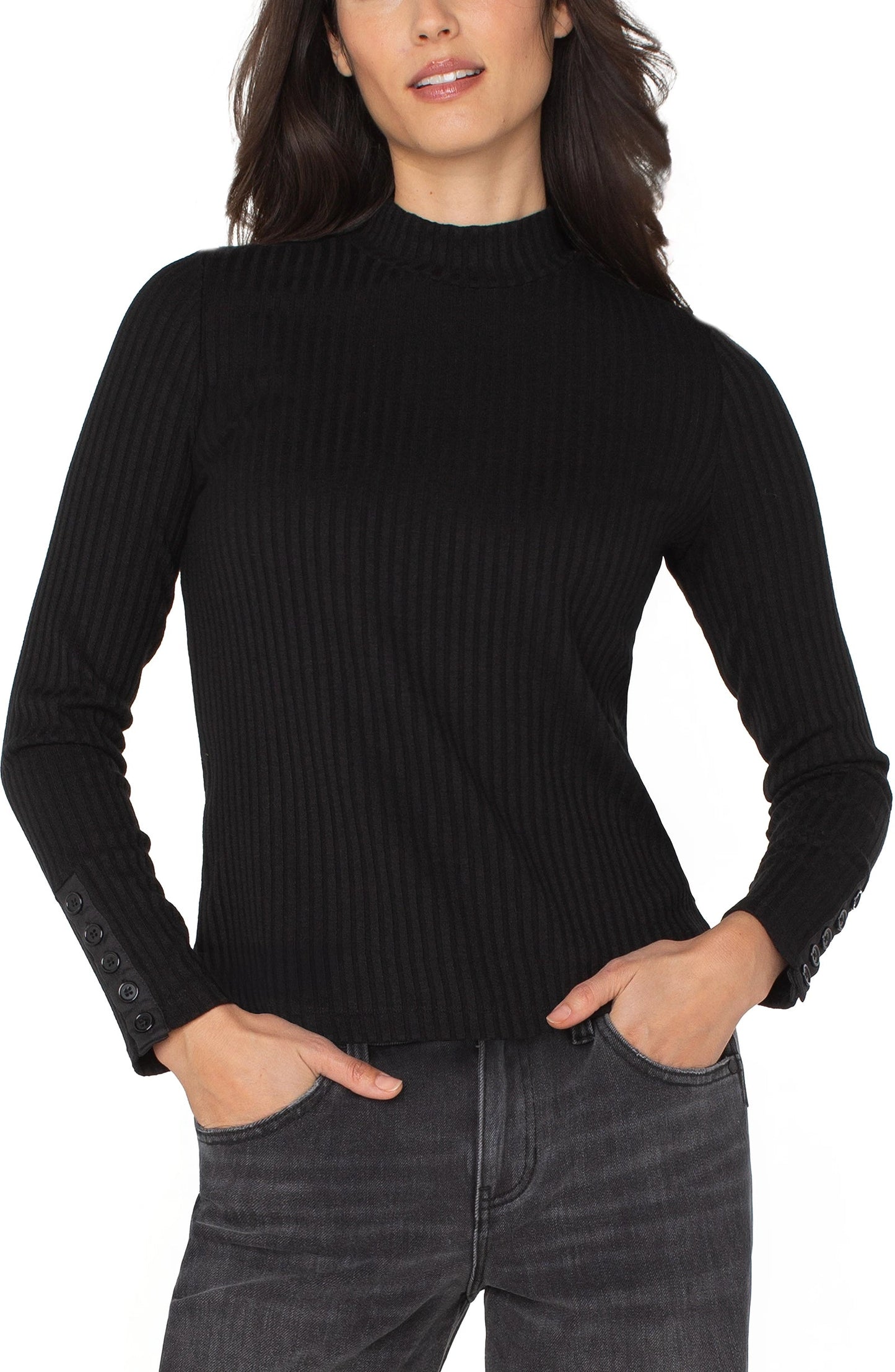 Long Sleeve Mock Neck Knit Top W/Button Detail