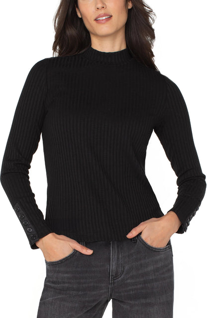 Long Sleeve Mock Neck Knit Top W/Button Detail