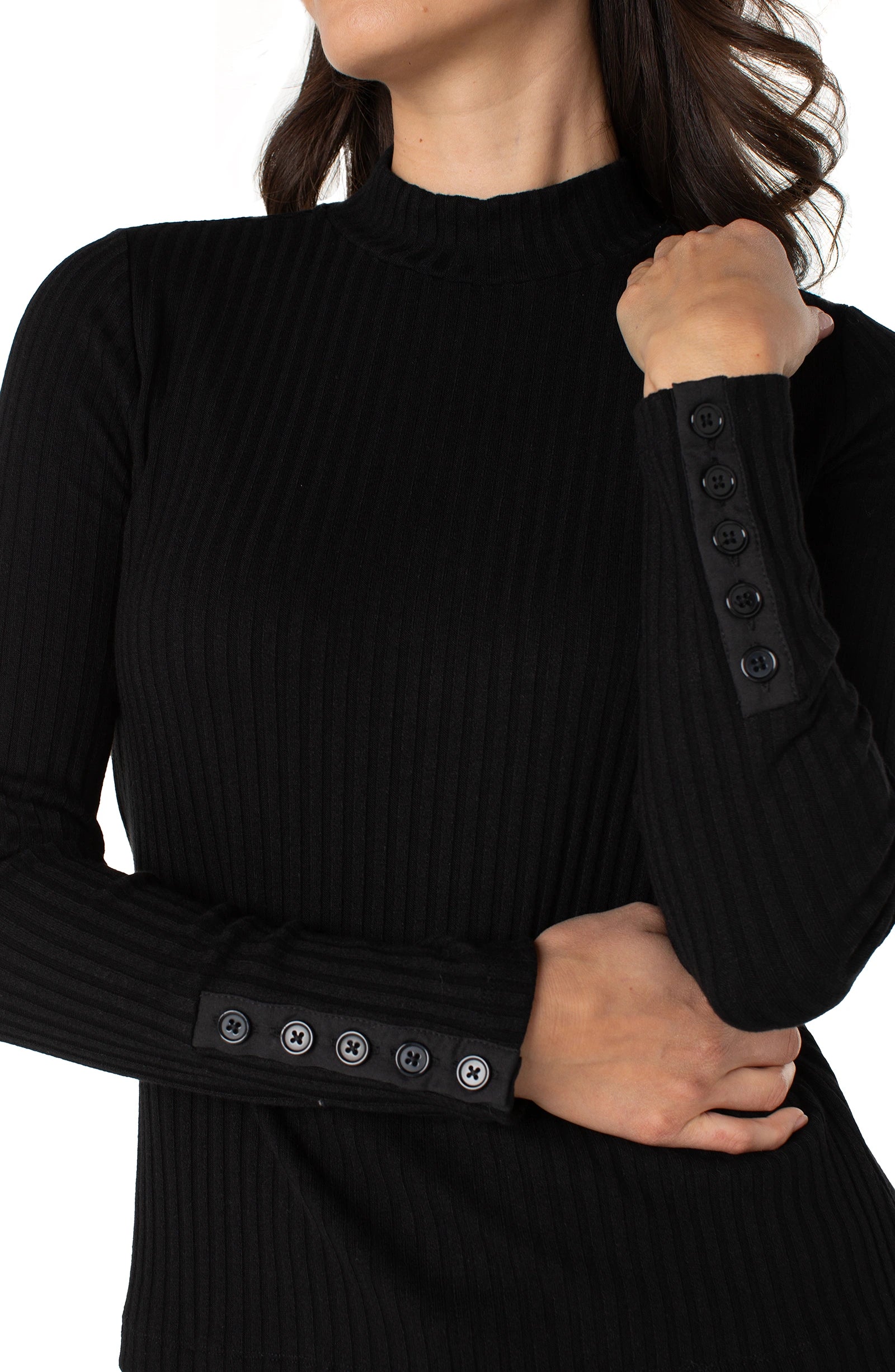 Long Sleeve Mock Neck Knit Top W/Button Detail