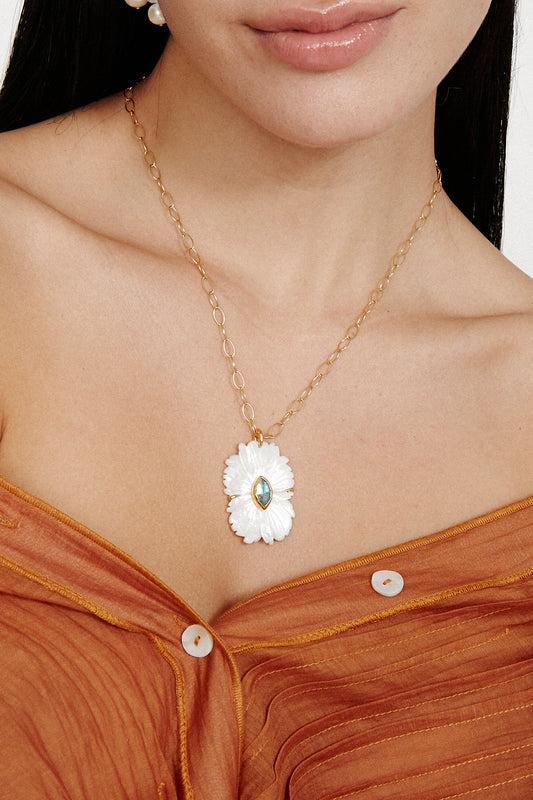 Ng-15192 18K gold plated necklace with hand carved mother-of-pearl flower and labradorite, CHAN LUU Women's Jewelry HCO