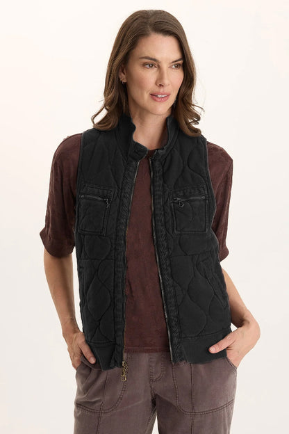 Aeric Quilted Vest in black cotton quilting with two-way zipper and four pockets by XCVI
