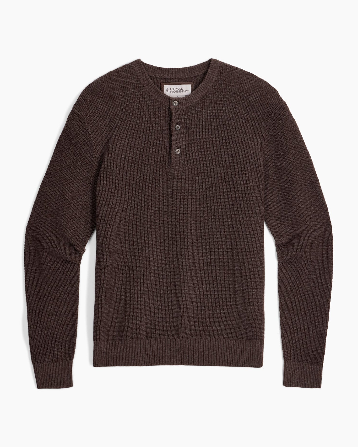 Dark brown waffle-knit henley sweater with long sleeves and ribbed cuffs