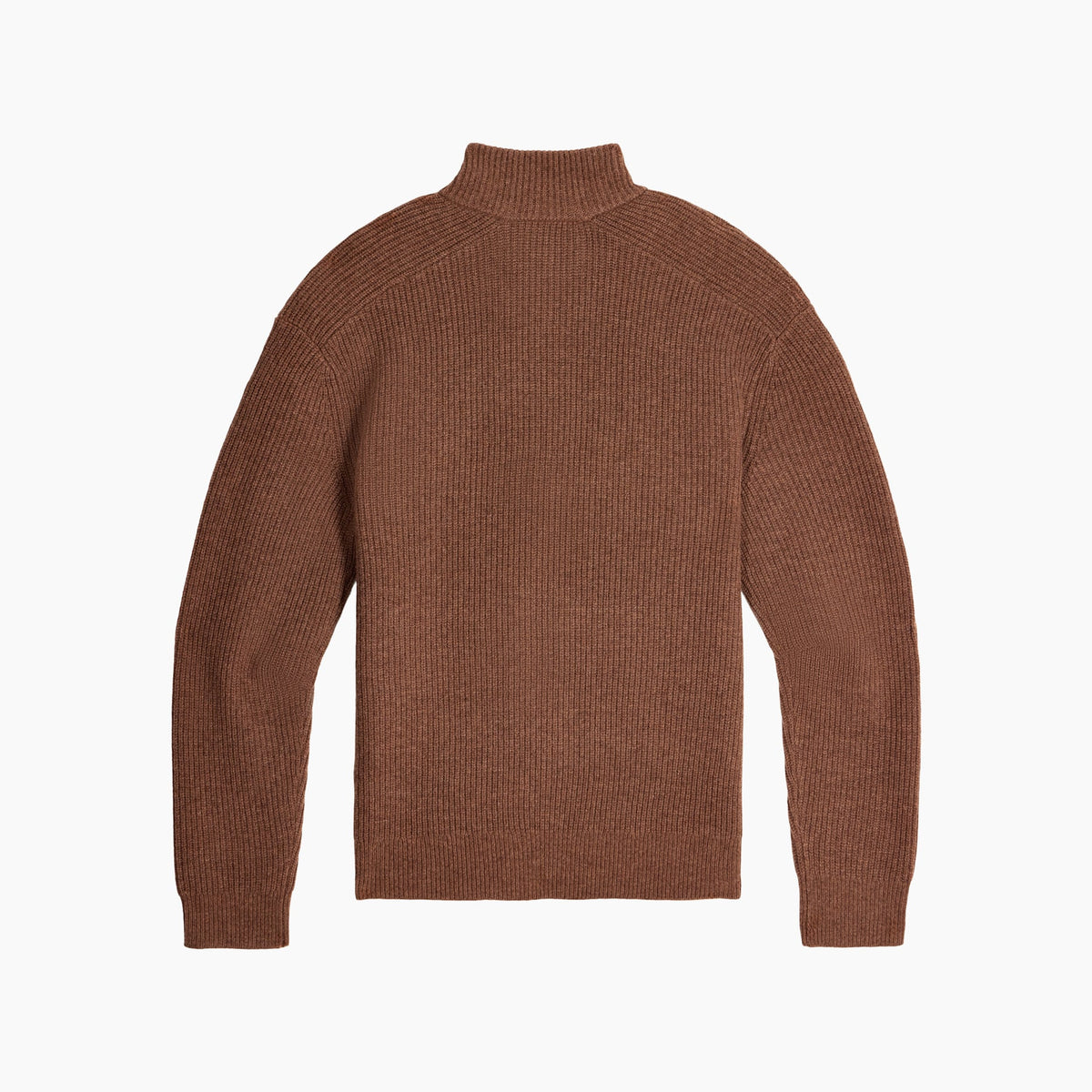 Brown ribbed turtleneck sweater on a white background