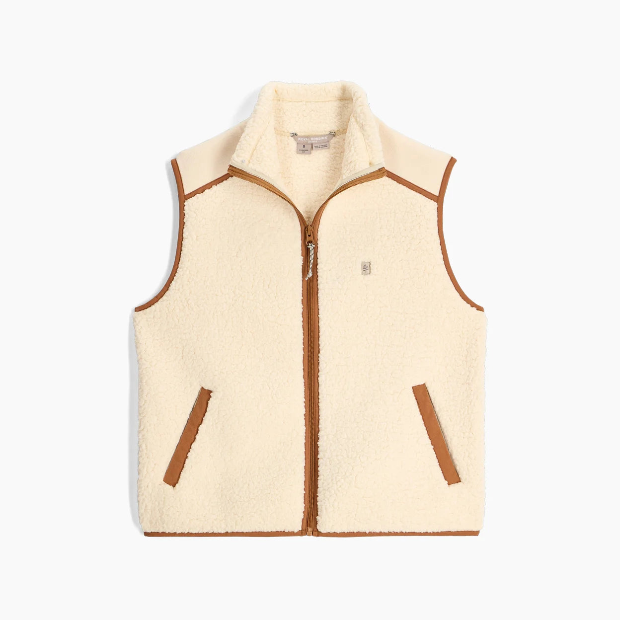 Palisades Vest in beige sherpa and brown accents, soft warm versatile women’s outdoor layering piece