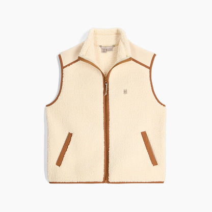 Palisades Vest in beige sherpa and brown accents, soft warm versatile women’s outdoor layering piece