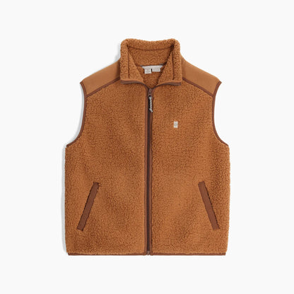 Palisades Vest in brown high loft sherpa with contrasting fabric accents for outdoors