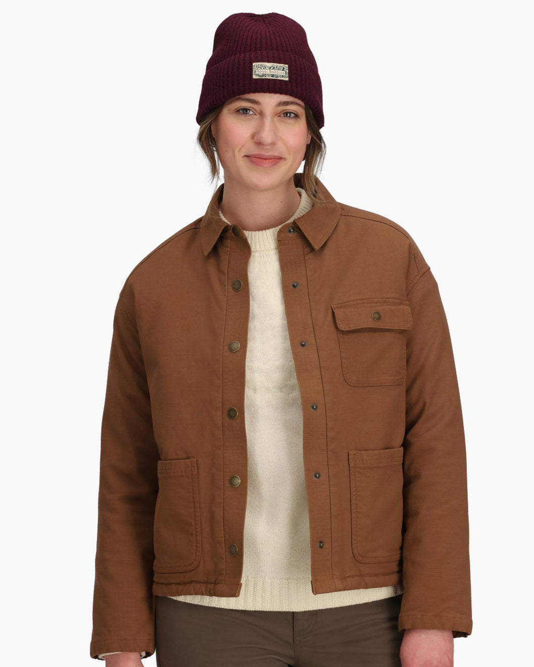 Women's El Cap Canvas Shacket by ROYAL ROBBINS, brown stretch canvas layer