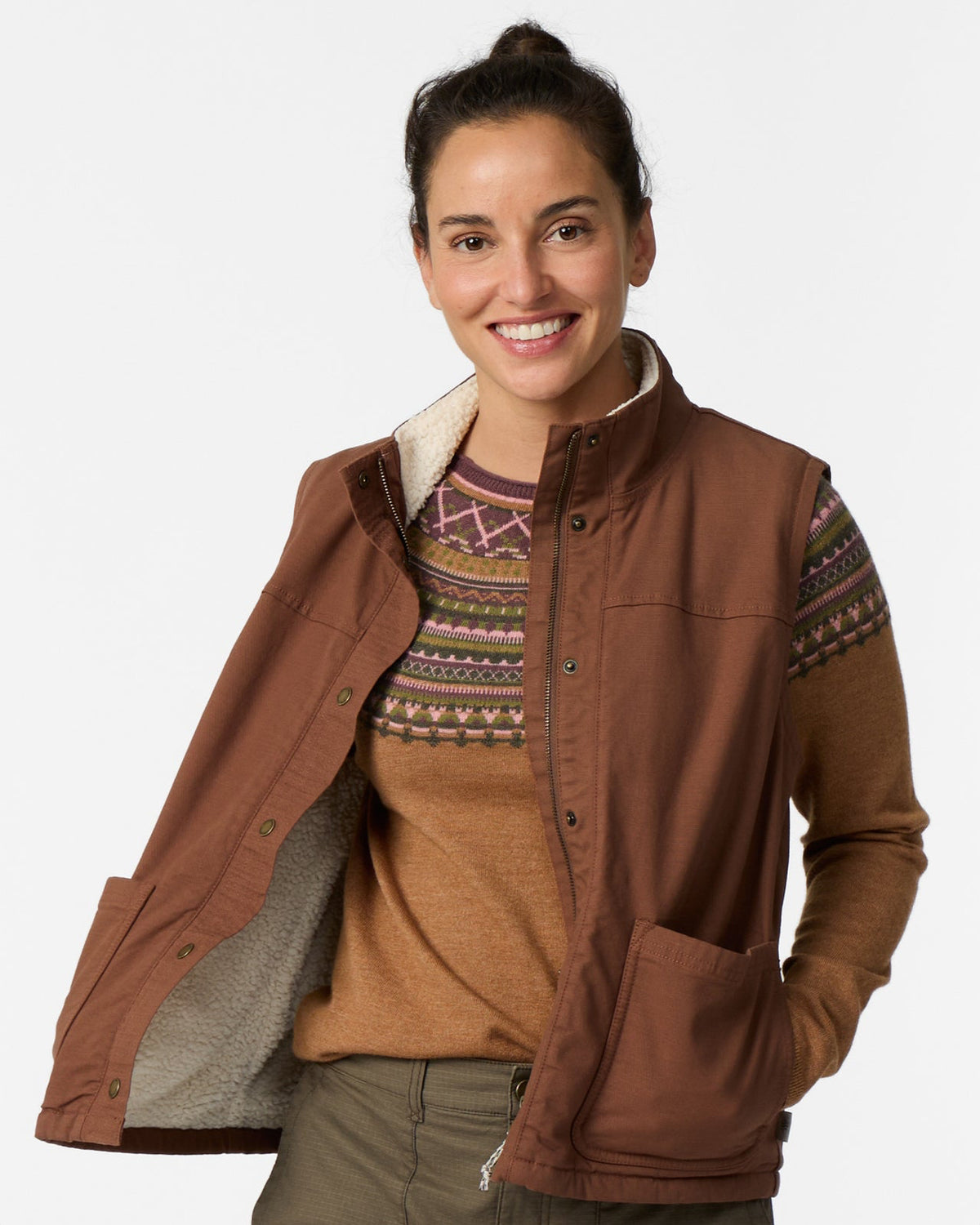 Women's El Cap Canvas Vest by ROYAL ROBBINS in brown canvas with sherpa lining