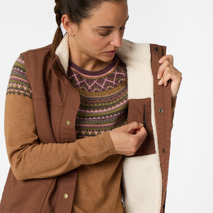Women's El Cap Canvas Vest by ROYAL ROBBINS, brown canvas vest with sherpa lining