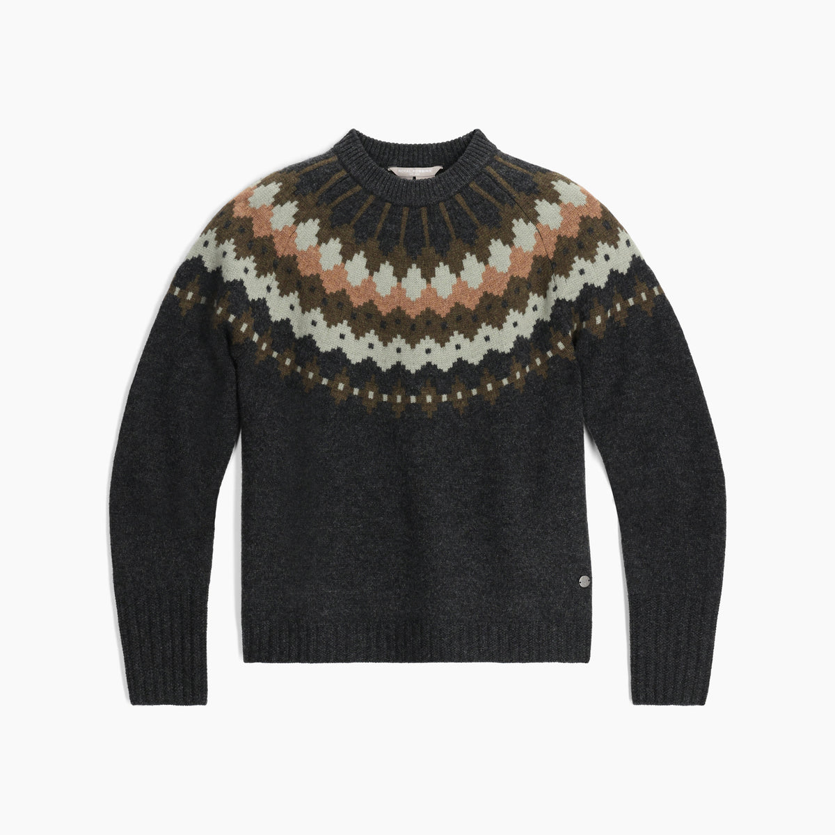 Dark gray crewneck sweater with patterned Fair Isle yoke and ribbed trim