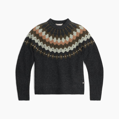 Dark gray crewneck sweater with patterned Fair Isle yoke and ribbed trim