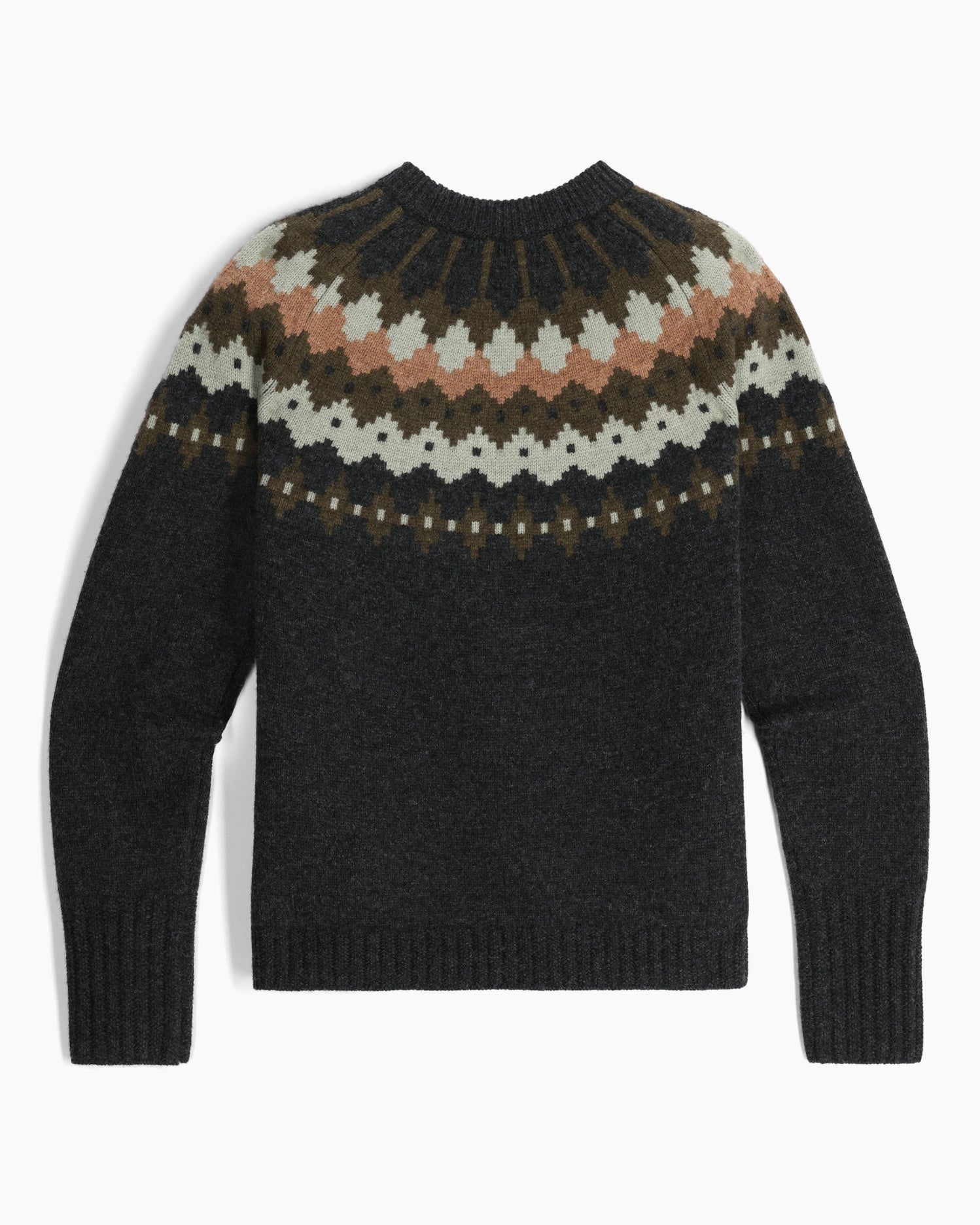 Dark charcoal knit sweater with a multicolor Fair Isle yoke pattern