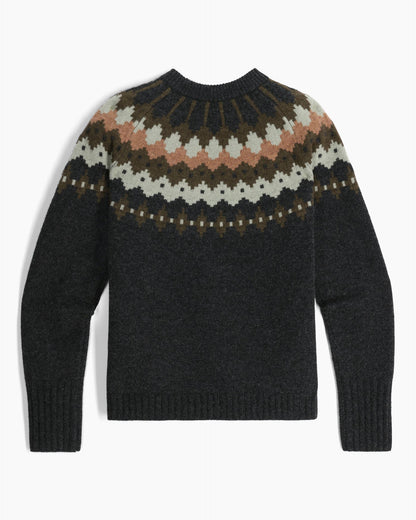 Dark charcoal knit sweater with a multicolor Fair Isle yoke pattern
