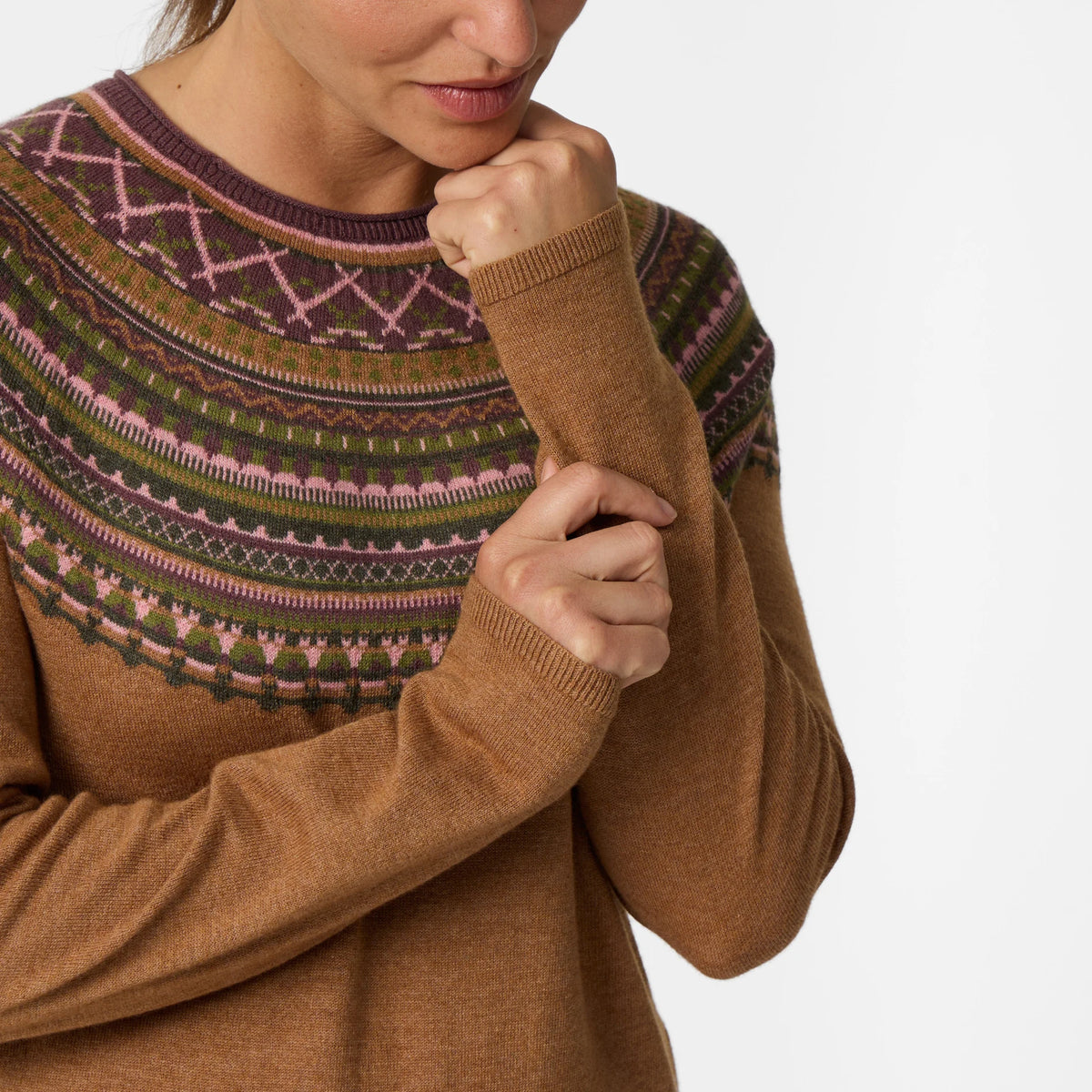 Women's Westlands Fairisle Crew by ROYAL ROBBINS, brown striped geometric Merino sweater