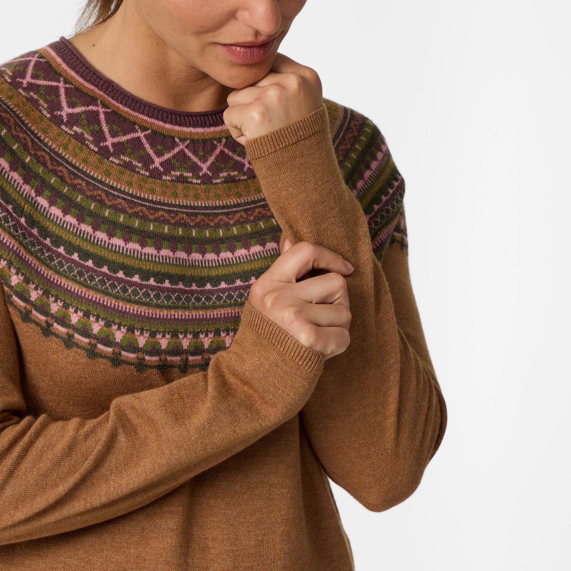 Women's Westlands Fairisle Crew by ROYAL ROBBINS, brown striped geometric Merino sweater