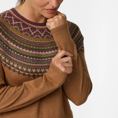 Women's Westlands Fairisle Crew by ROYAL ROBBINS, brown striped geometric Merino sweater
