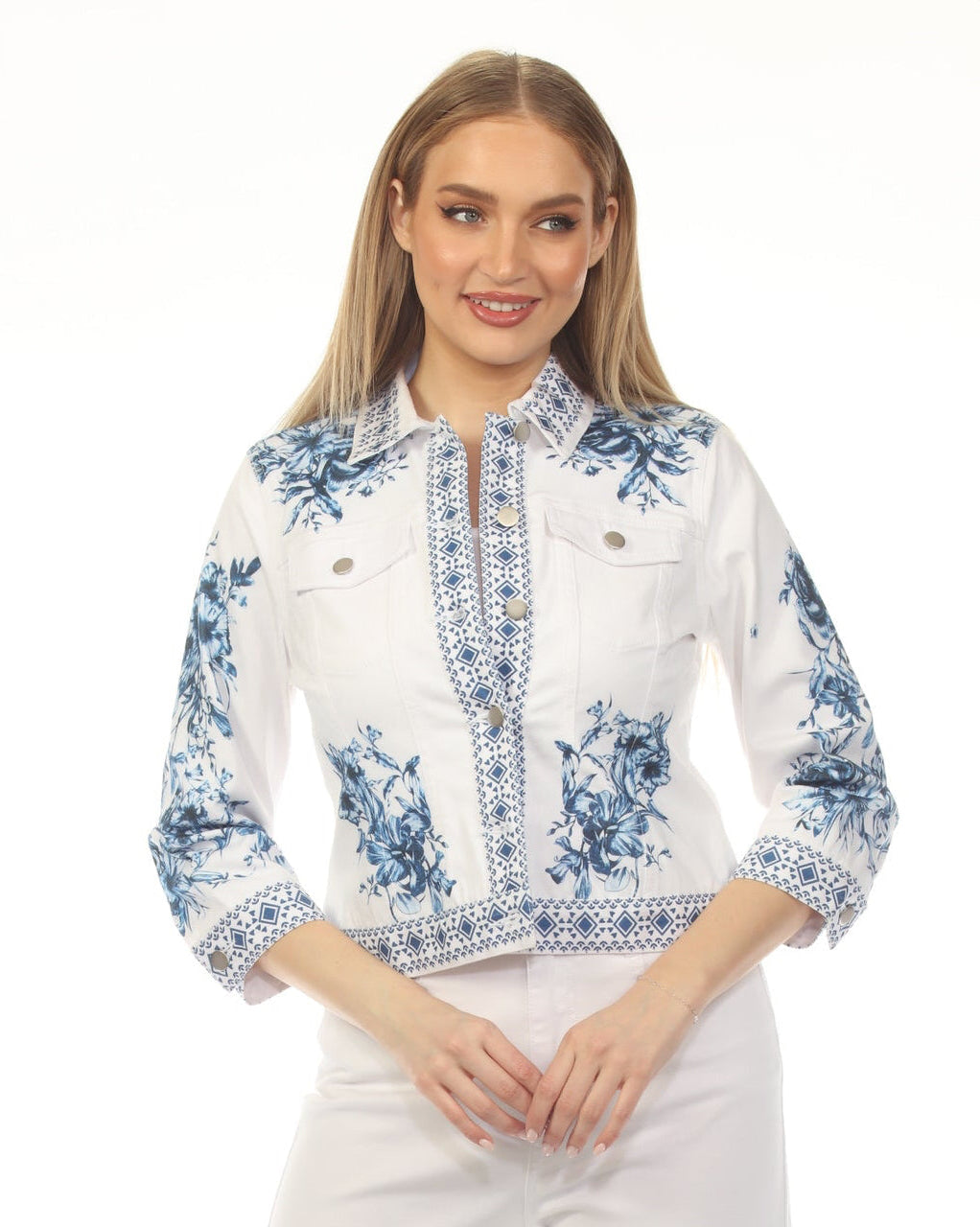 Margo white denim jacket with detailed blue floral print and geometric trim by AZI JEANS, Women's Jackets HCO