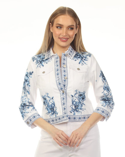 Margo white denim jacket with detailed blue floral print and geometric trim by AZI JEANS, Women's Jackets HCO